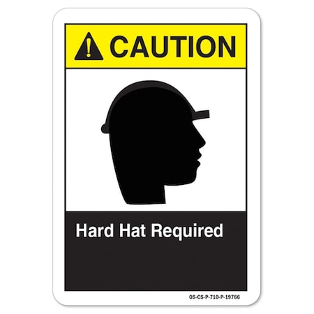 ANSI Caution Sign, Hard Hat Required, 10in X 7in Rigid Plastic